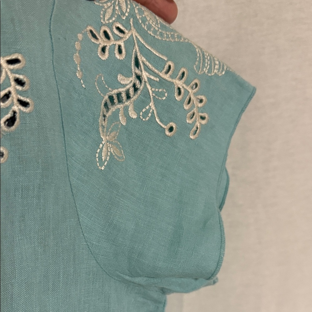 Johnny Was Turquoise Embroidered Mini Dress with Pink & Green Floral Detail - Picture 6 of 14